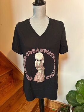 Creedence Clearwater Revival Graphic V-Neck Tee with Pink Vintage Print